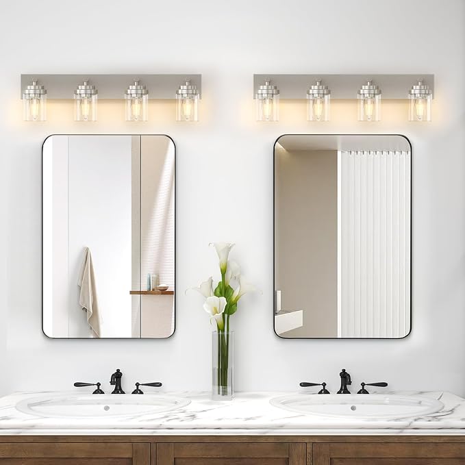IZORRO Bathroom Vanity Light Fixture, 4-Light 30 Inch Brushed Nickel Bathroom Light Fixtures Over Mirror, with Clear Glass Shade, Modern Farmhouse Vanity Lights, Rustic Restroom Lighting Fixtures