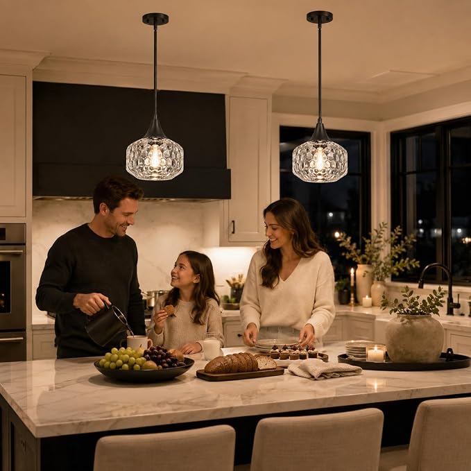 DSMJFU Black Pendant Lights Kitchen Island with Hammered Glass Over Table | 2-in-1 pendant & ceiling light; height adjustable; 90° rotation; adaptable different ceiling types;above kitchen sink light