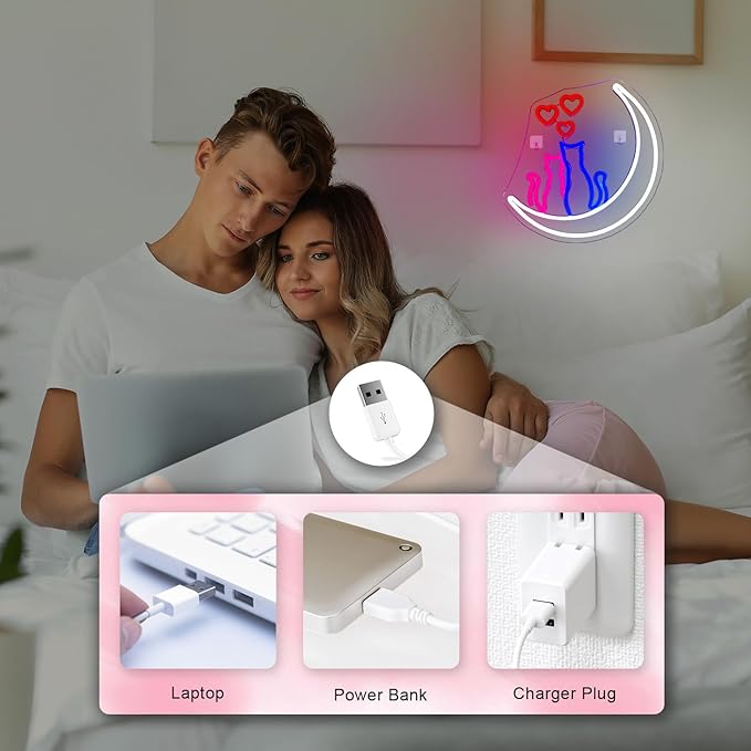 Two Cats on Moon Neon Sign Christmas Cat Cute Couple Kittys Neon Lights for Wall Decor,Kawaii Animal 3D LED Neon,USB Light Up Signs for Girls Bedroom Bar Home Party Valentine's Day Cat Lovers Weddings