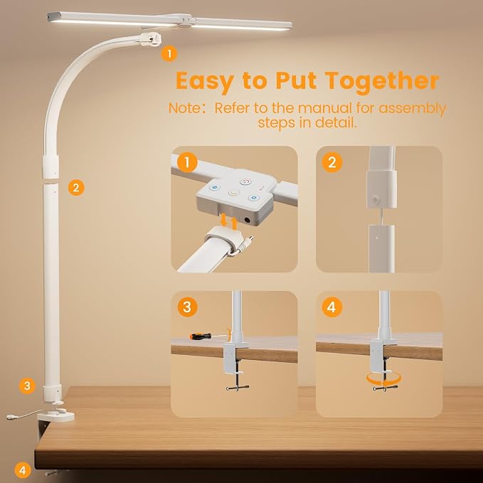 LED Desk Lamp - Bright Dimmable Computer Lamp, 24W Bendable Desk Light for Monitor Screen, Eye-Caring Tall Desktop Light for Task Home Office Work, White, Dual Head