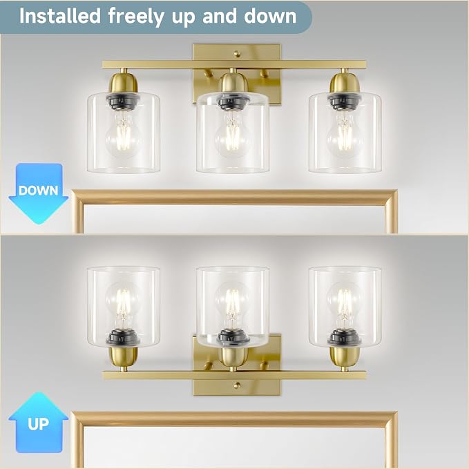 Modern Brushed Gold 3 Light Bathroom Light Fixtures, 19 inch Vanity Lights for Bathroom with Clear Glass, Bathroom Lighting Fixtures Over Mirror for Mirror Kitchen Living Room
