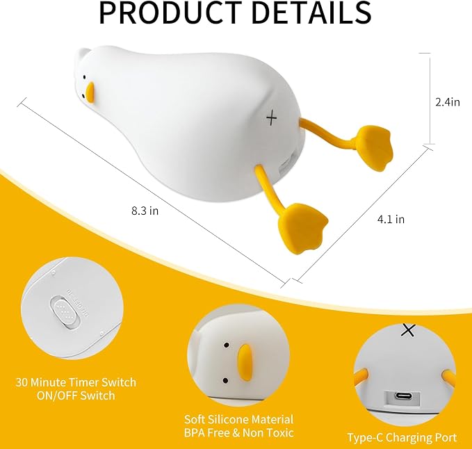 Duck Night Light, Soft Squishy Silicone Kids Nightlight, Lying Flat 3 Level Dimmable Touch Lamp with Timer, 1200mAh USB Rechargeable Baby Nursery Lamp,Xmas Gifts Kawaii Bedroom Decor