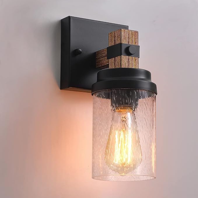 1-Light Farmhouse Hardwired Wall Sconces Bathroom Vanity Light Fixtures | Rustic Faux Wood Indoor Wall Mount Light with Clear Glass Shade for Living Room Bedroom Hallway Kitchen
