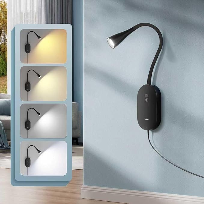 deeloop LED Wall Mount Reading Lamp, CRI 95+ Wall Sconce Light with 10W USB Output，4 Color 5 Dimming Touch Control Wall Lamps with 4 Hours Auto-Off Bed Lighting Spotlight Black