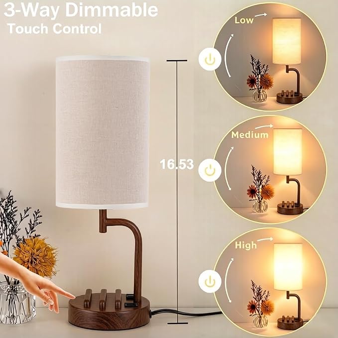Dreamholder Touch Control USB Table Lamp with USB C/A & AC Outlet, 3-Way Dimmable Bedside Lamp, Modern Nightstand Lamps for Bedroom Living Room Guest Room Office, Bulb Included, Walnut