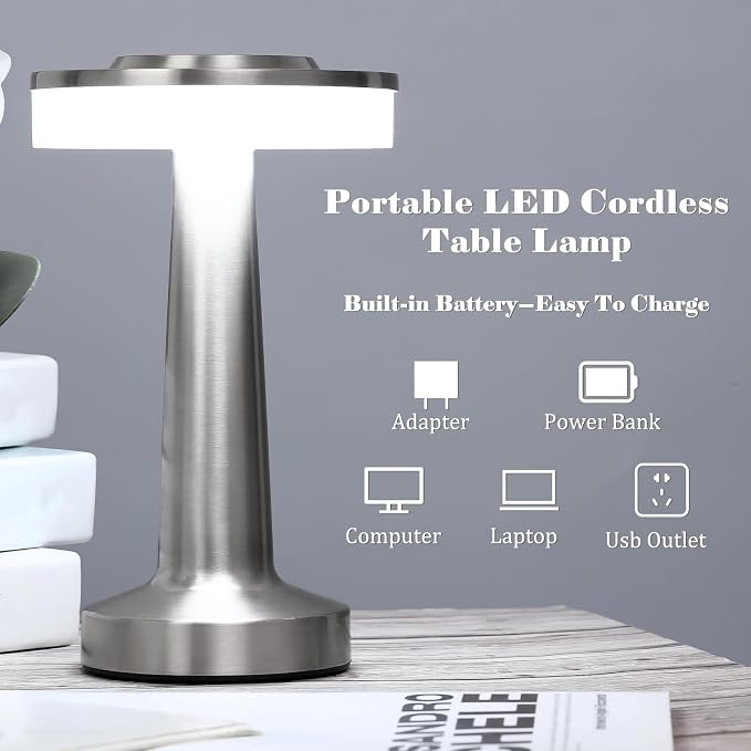 Riakrum 2 Pcs Silver LED Portable Cordless Table Lamp Bulk with Touch Sensor 3 Color Stepless Dimming Rechargeable Battery up to 15 Hours Cordless Table Light Wireless Lamp Wedding Home