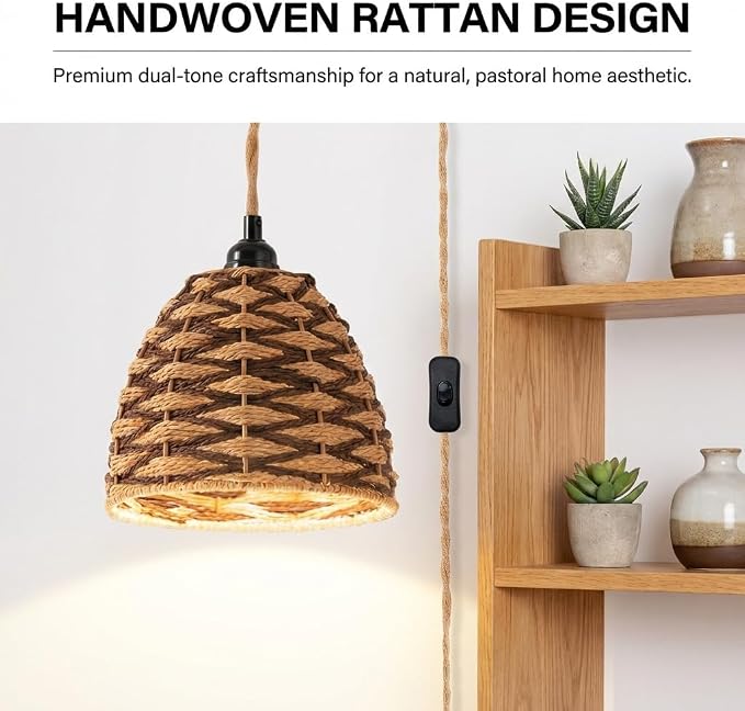 Hanging Grow Light, 30W LED Lamp with Timer for Indoor Plants | 4000K LED plant lamp with 15 ft cord, outlet timer, and boho paper rope shade for succulents, herbs, and low-light rooms.