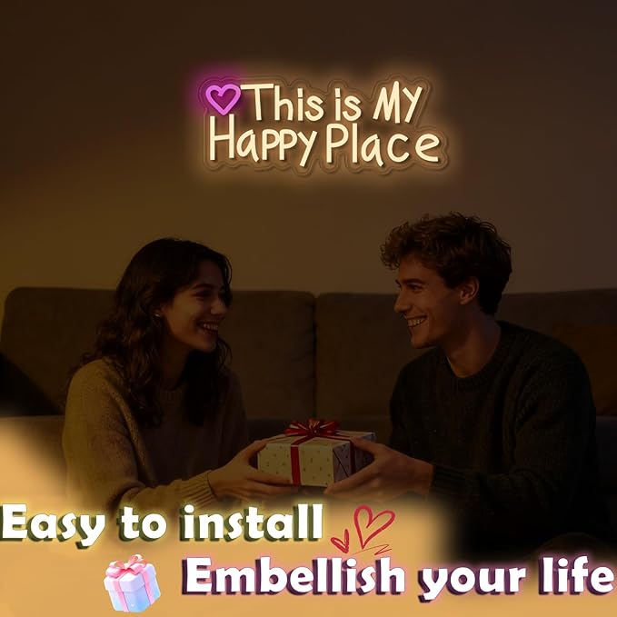 This is our happy place neon sign, suitable for wedding birthday girl party bar wall decoration, dimmable, USB powered, pink heart shape