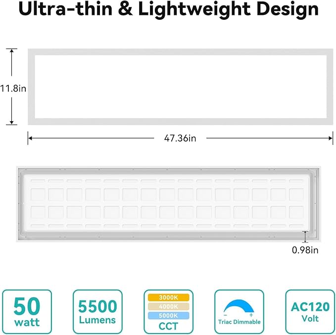 48PACK 1x4 LED Flat Panel Light Surface Mount, 3000/4000/5000k Selectable & TRIAC Dimmable，5500LM 50W Flat Panel Light, Input AC 120V, 1x4 LED Lights Fixture for Garage/Kitchen/Office-White