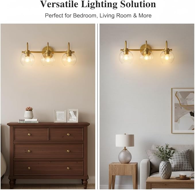 Gold Vanity Light, 3 Light Bathroom Light Fixtures, Modern Bathroom Vanity Lights Fixtures Over Mirror with Clear Glass Globe Shade, Gold Wall Sconces for for Mirror Bathroom Hallway (E26 Base)