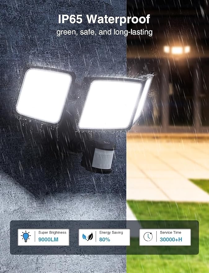 Onforu 100W Smart Outdoor Security Lights with Motion Sensor, WiFi APP Control, Compatible with Alexa & Google Assistant, 9000LM Dimmable LED Flood Light, 2700K-6500K, 3 Adjustable Heads, Black