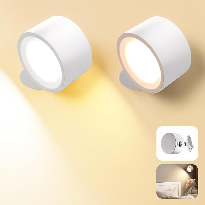 Wall Mounted Lamp, Rechargeable Battery Operated Wall Lights, White-2 Pack | Rechargeble Renter Friendly, 3 Color Temperatures & 3 Brightness Levels 360°Rotate Magnetic Ball, Sconces for Reading Bedroom