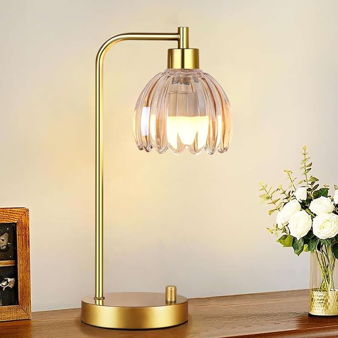 ILLMTW Glass Table Lamp Set of 2,Small Gold Bedside Lamps Dimmable Boho Bedroom Lamp with Tulip Flower Amber Lamp Shade,Vintage Mid Century Modern Mini Nightstand Lamp for Bedroom Living Room