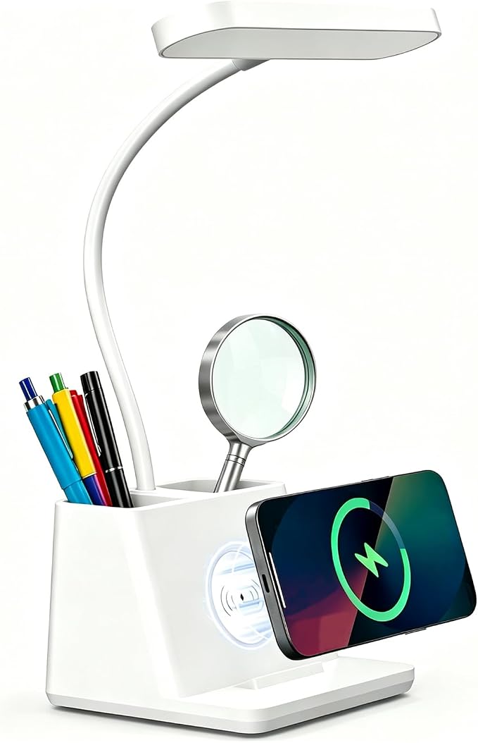 Desk Lamp with Fast Wireless Charger, College Dorm Room Table Light | 18 in, Adjustable LED, White, Small, Cute, for Home Office