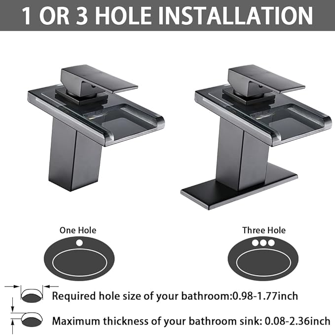 LED Bathroom Sink Faucet, Matte Black Waterfall Single Hole Handle Vanity Faucets for Sinks 1 Hole with Metal Pop Up Drain and 2 Water Supply Lines, Open Glass Spout