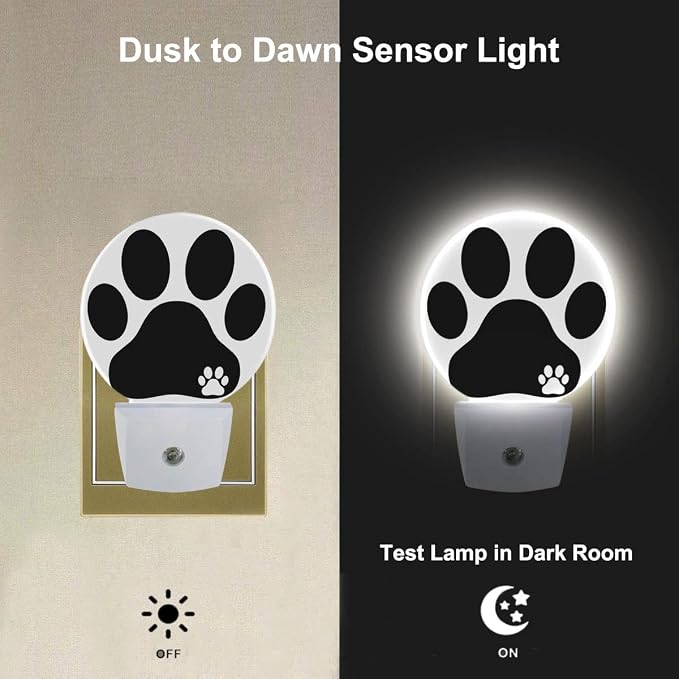 Dog Paw Night Light Black White Animal Footprint Dog Cat Paw Night Lights Plug into Wall 0.5W LED Lighting Auto on/Off for Bedroom Bathroom Hallway Stairway Kitchen