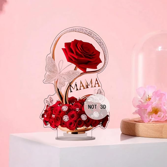 Rose Flower Ornament 2D Flat Acrylic Tabletop Present with Floral Butterfly Designs DIY Crafts Mothers Day Present Home and Office Desktop Ornaments Decorations Supplies