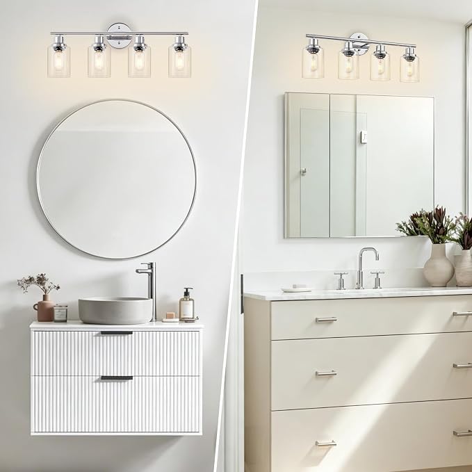 4-Light Bathroom Light Fixtures, Modern Chrome Vanity Lights for Bathroom with Clear Glass Shade, Wall Lamps for Mirror Hallway Kitchen Cabinet Living Room Sconces Lights