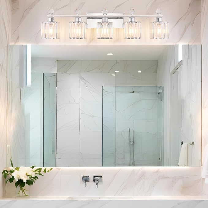Bathroom Vanity Lights Over Mirror - Easy Installation with Clear Guide, 5-Light Shadow-Free Design, Chrome Crystal Finish - for Modern Home Bathroom Lighting Fixtures in DIY Projects