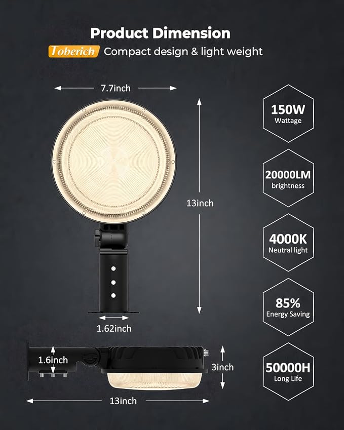 toberich 150W LED Barn Light Dusk to Dawn, 20000LM Outdoor Yard Light 4000K | Ultra Bright Security Light, Adjustable Angle, IP66 Waterproof, Photocell, AC110-120V, Lights Up Large Areas for Yard Barn