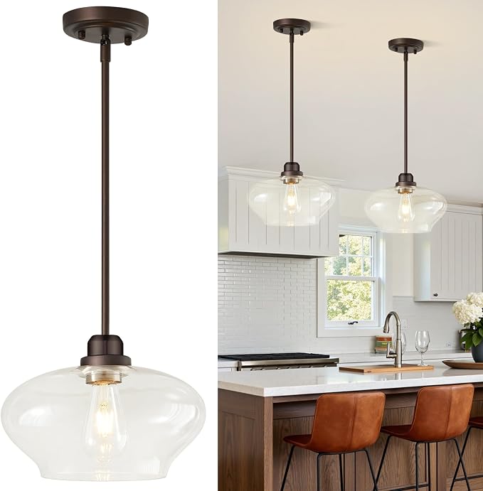 Modern Pendant Lights Kitchen Island,Oil Rubbed Bronze Pendant Light Fixtures with 11" Clear Glass Shade,Industrial Hanging Pendant Lights Fixture for Kitchen Island Dining Room Bedroom Foyer Entryway