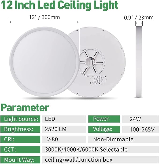 6PK 12 Inch LED Flush Mount Ceiling Light, 24W, 2520LM, 3000K/4000K/6000K CCT Selectable, Round Flat Panel Light Low Profile Ceiling Light Fitures for Hallway, Kitchen, Bedroom, Laundry Room