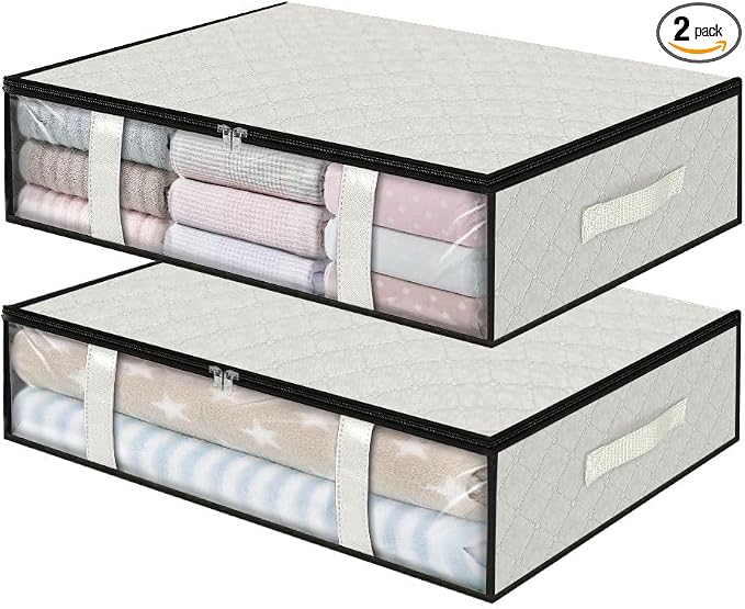 StorageRight Under Bed Storage Bags, 2 Pack, 40L, White | Breathable Non-Woven Fabric with a Clear Window and Zippered Top for Clothes, Comforters, Blankets and Seasonal Storage
