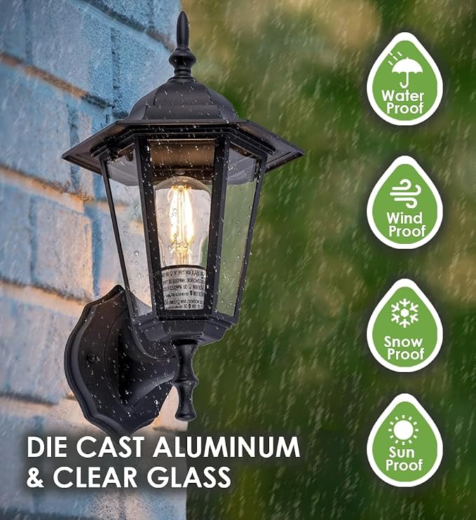 GRUENLICH Outdoor Wall Light Fixture, Rustproof Aluminum, Glass | Exterior Porch Light Wall Sconce Lantern for House, Patio, Garage, Waterproof, E26 Socket 60W Max, Black, 1 Pack