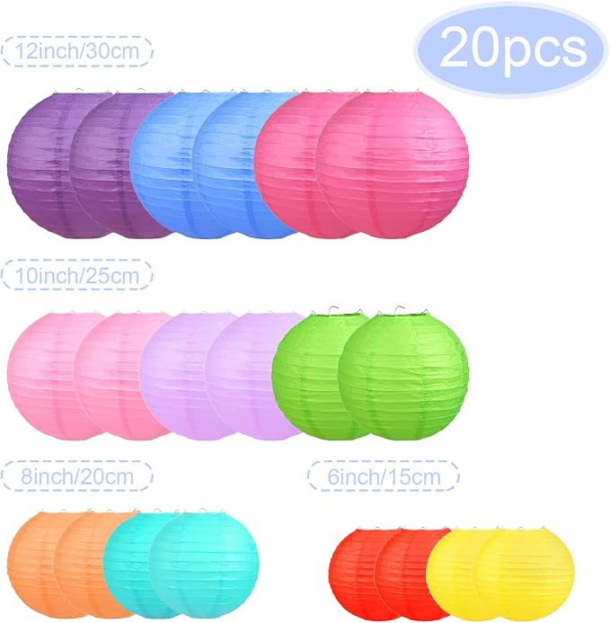 LIHAO 20PCS Colorful Paper Lanterns Party Decorations | Sizes 6'' 8'' 10'' 12', Chinese Lanterns, Weddings Birthday New Year Christmas Halloween, DIY Crafts, Outdoor Indoor Use