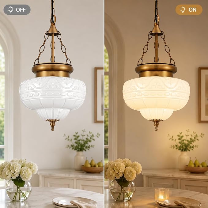 Vintage Brushed Antique Brass Pendant Light for Kitchen Island, Handblown Textured Milky Glass Hanging Light Fixture, Adjustable Height E26 Pendant Lighting for Dining Room, Entryway, Hallway