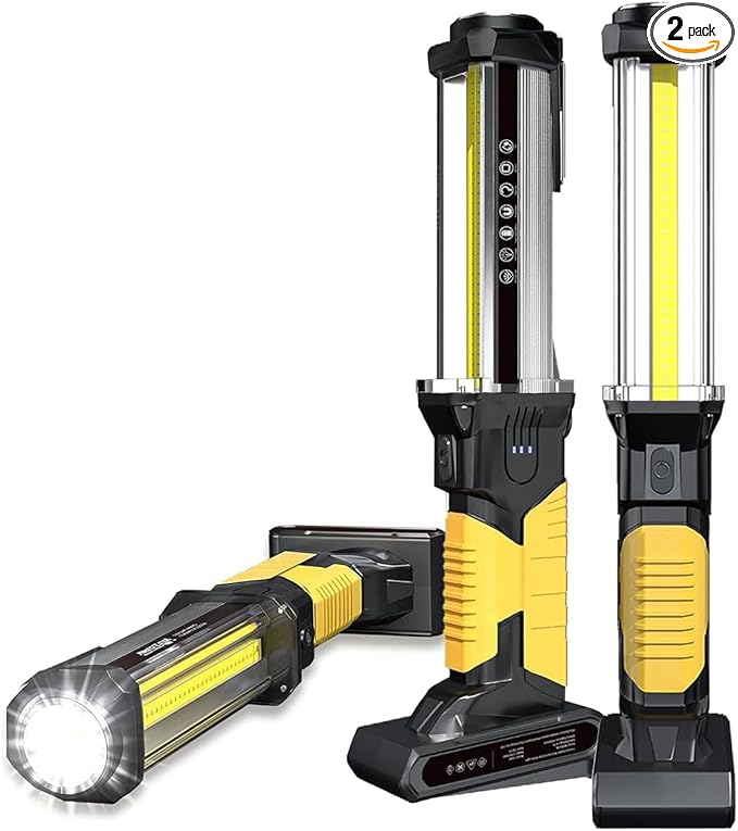 WARSUN 2PC Rechargeable 1500LM COB LED Work Light-Magnetic Hands-Free Trouble Light with Hook, IPX4 Waterproof for Garage Repair, Mens Fathers Gifts-Emergency Light Tool for Men (Yellow)