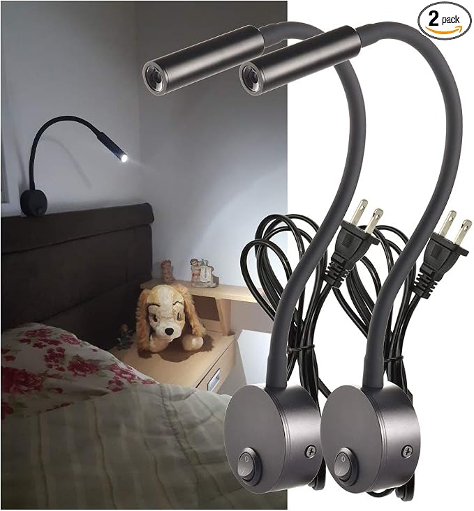 2-Pack Professional Task Light Wall Mount Lamp, 6000K Pure White 25° Focused Beam LED Reading Lamp for Bed Headboard, Dorm Bunk Bed, Studio, Marine, Hospital & Hotel, AC 85-265V (Black)