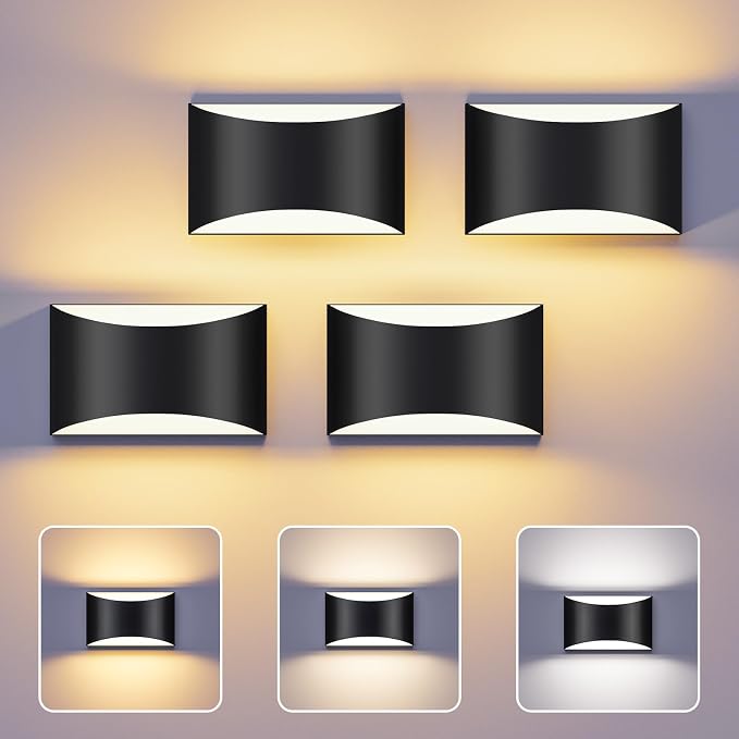 Black Modern LED Wall Sconce, 3 Colors Indoor Wall Lights, 10W Hardwired Up and Down Aluminum Wall Mount Lamp for Bedroom Living Room Hallway Corridor (Black, 4 Pack)