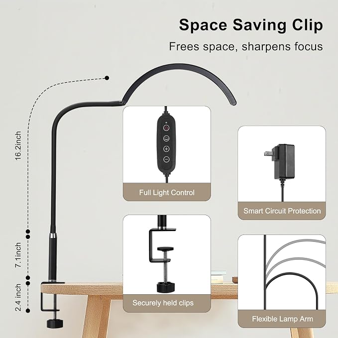 Professional Half Moon LED Desk Light for Nail Techs & Artists – Flexible Gooseneck Lamp with Clamp, 5 Color Modes & 5 Brightness Levels for Manicure, Tattoo, Beauty Work