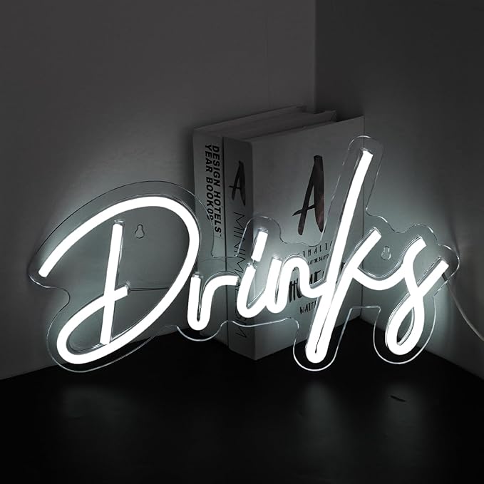 Looklight White Neon Light Drinks Letters Led Signs USB Powered Up Wall Decor for Teen Boys Room Bedroom Restaurant Bar Hotel