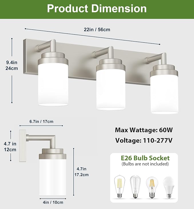 Bathroom Light Fixtures, Brushed Nickel Bathroom Lighting Fixtures Over Mirror, Modern Vanity Light with White Glass Shade, Restroom Lighting Fixtures, 3-Light 22-inch