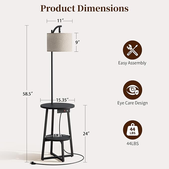 Yoobure Floor Lamp with Table - Farmhouse Night Stand with Charging Station | Side Table with Floor Lamps for Living Room, Bedroom, End Table with Lamp Attached 3 Color Temperatures Bulb, 2 Tier Shelves