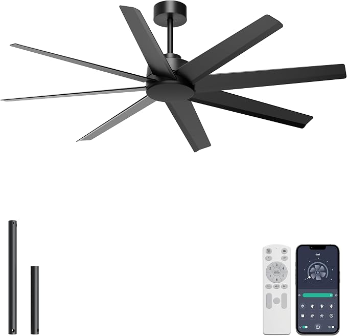 Ohniyou 60" Black Ceiling Fan No Light for Patio, Shop, Garage | Remote/App Control, Quiet DC Motor, Modern Covered Outdoor Fan with 8 ABS Blades