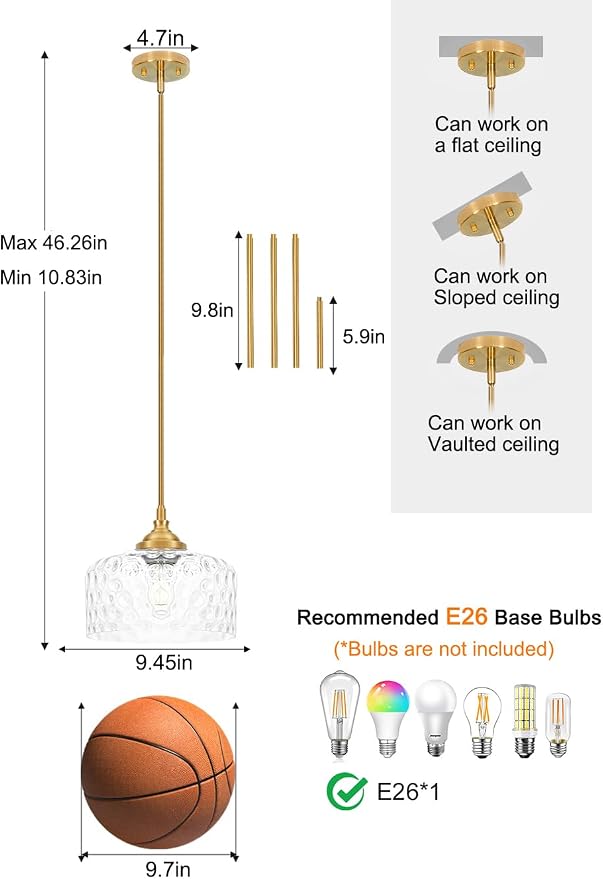 Modern Pendant Lights Kitchen Island, Brushed Gold Pendant Light Fixtures with 9.45" Clear Hammered Glass Shade, Industrial Hanging Pendant Lights for Kitchen Island Dining Room Bedroom Entryway