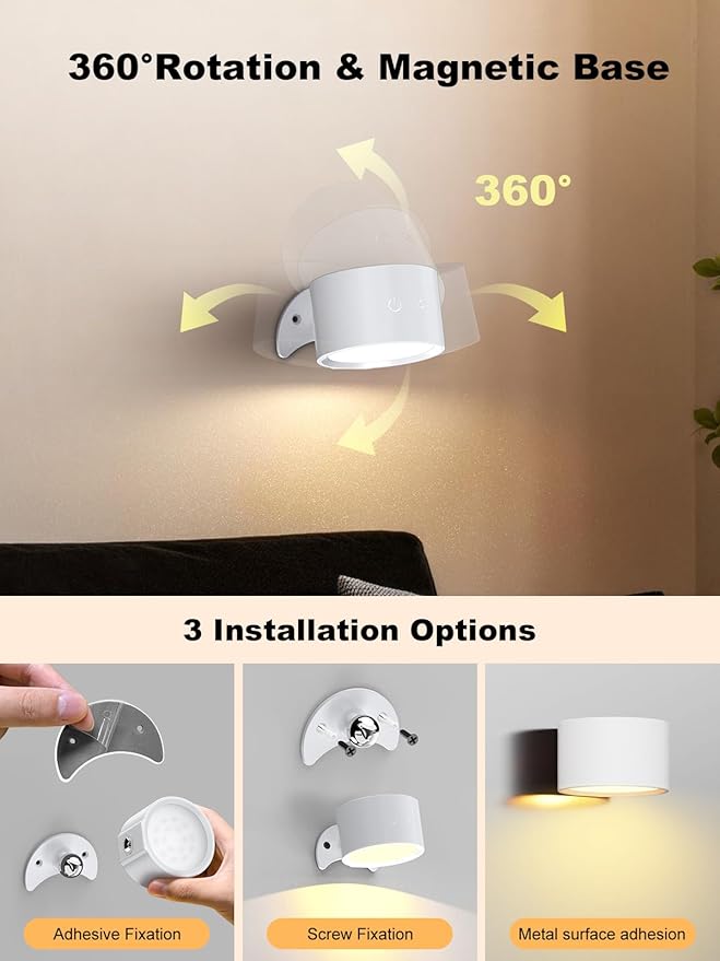 Smiling Shark Wall Light F9, Rechargeable Wall Mounted Lamp LED 3 Color & 4 Brightness Stepless Dimming 360° Rotate Magnetic Ball Cordless Wall Sconce Lamp for Bedroom Reading Bedside (2, White)