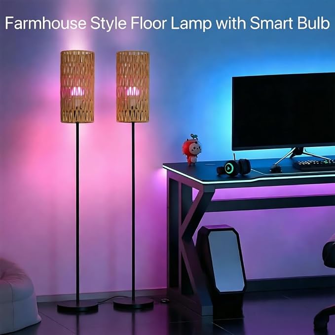 Ruiever 2 Pack Smart Floor Lamp for Living Room,Gaming - Remote, Timer Floor lamp with Remote, APP Control & RGB Standing lamp with Hand-Worked Rattan Shade Bluetooth Bulb Included