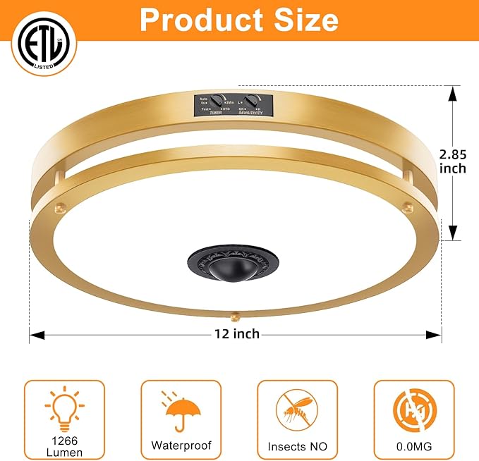 24W LED Motion Sensor Outdoor Ceiling Light, 12IN 2700K/3000K/3500K/4000K/5000K Adjustable Ceiling Lights, Dusk to Dawn Flush Mount LED Ceiling Light Fixture for Porch, Garage, Gold