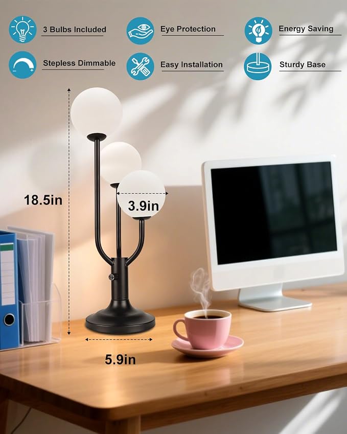 Globe Black Table Lamp for Bedroom Gift Dimmable G9 Bulbs Included | Modern Round Ball Lamp Nightstand Desk Lamp Ambient Warmwhite Bedside Lamps for Living Room Dining Party Home Office Decor