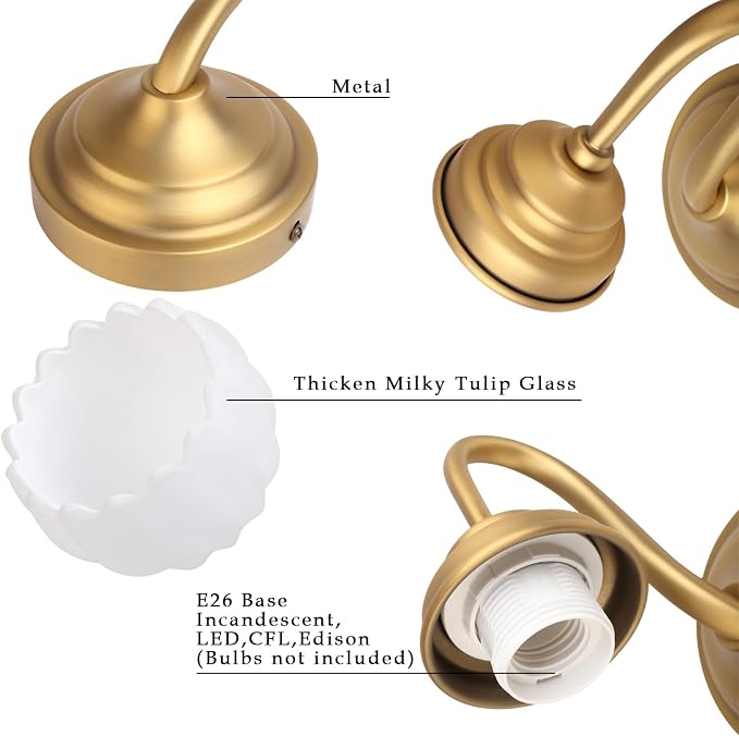 Phansthy Vintage Brass Boho Wall Sconces, Hardwired Wall Lights with Tulip Glass Lampshade, Brass Vanity Lamp Modern Wall Lighting Fixtures for Bedroom, Living Room, Hallway (Antique + White Shade)