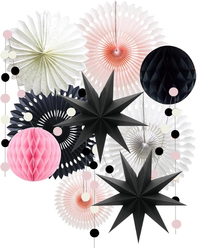 Pink Black White Party Decorations for Girls Women Minnie Mouse First Birthday Decoration Wedding Bridal Baby Shower Hanging Tissue Paper Fans Circle Garland Paper Lanterns