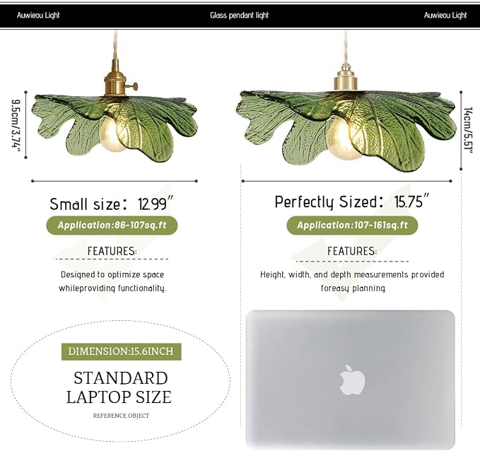 15.7" Green Glass Floral Ceiling Pendant Light Mid Century Large Hanging Light Gold Adjustable Cord Single Pendant for Kitchen Living Room Dining Table, Flower Petal Lighting