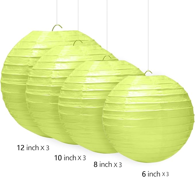 12pcs Paper Lanterns with 12pcs LED Lights, 6" 8" 10" 12" Round Hanging Ball Lantern for Wedding Anniversary Birthday Party Decorations