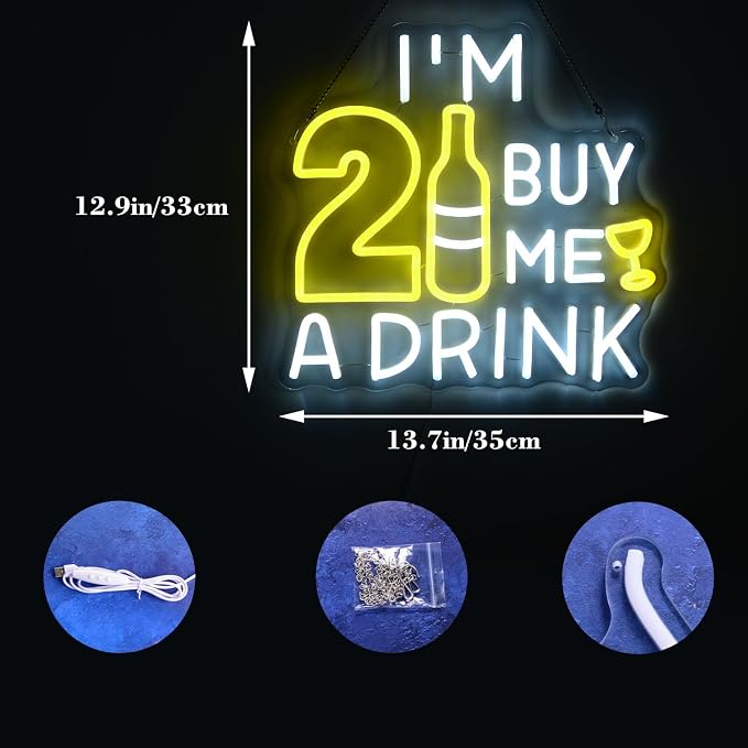 I’M 21 BUY ME A DRINK LED Neon Sign 21st Birthday Party Decor Neon Light | Twenty one Happy Birthday Glowing Lamp for Bar Pub Man cave Bedroom Home Dimmable Cheers LED for Her Him