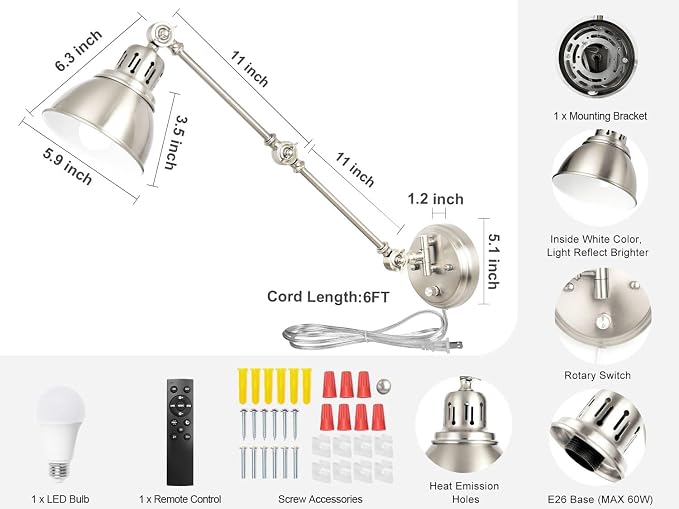 GOODATE 1 Pack Plug in Wall Sconce with Remote, Dimmable, Adjustable Colors, Swing Arm Wall Lamp, Plug in Wall Light with Timer & Night Light (Brushed Nickel, with Bulb+Remote)
