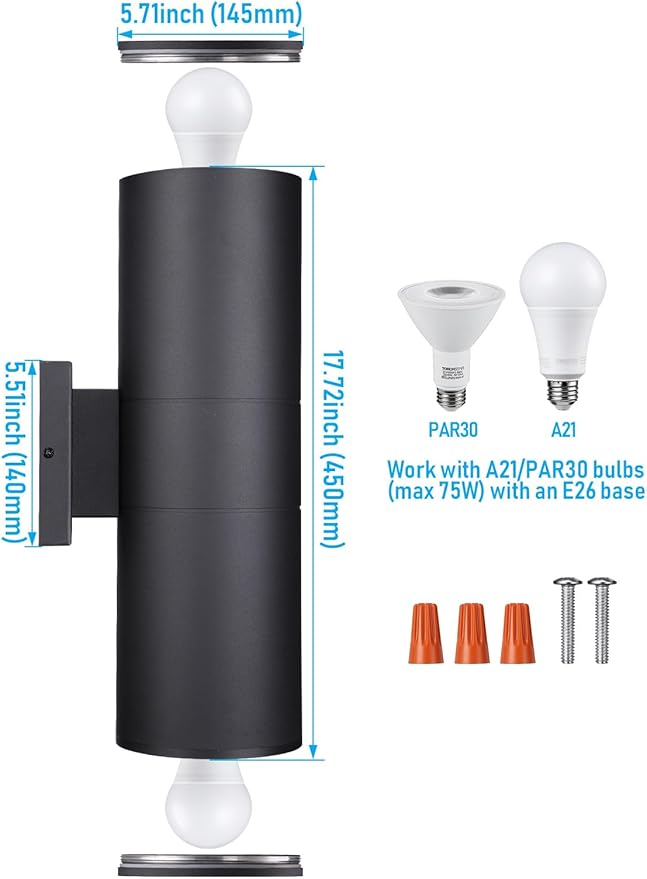 LEONLITE Modern Outdoor Cylinder Wall Lights 18", Porch Light in 2 Lights, Up Down Lights, Matte Black Waterproof Wall Sconce, Aluminum, E26 Base, Exterior Light Fixture Wall Mount, ETL, Pack of 2